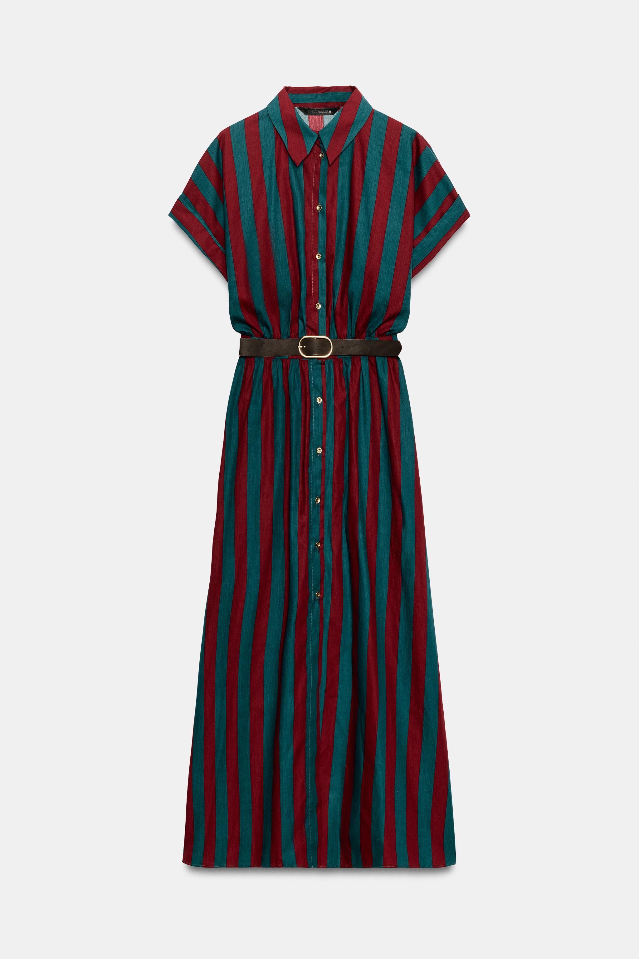 ROBE CHEMISE MI-LONGUE À RAYURES ET CEINTURE